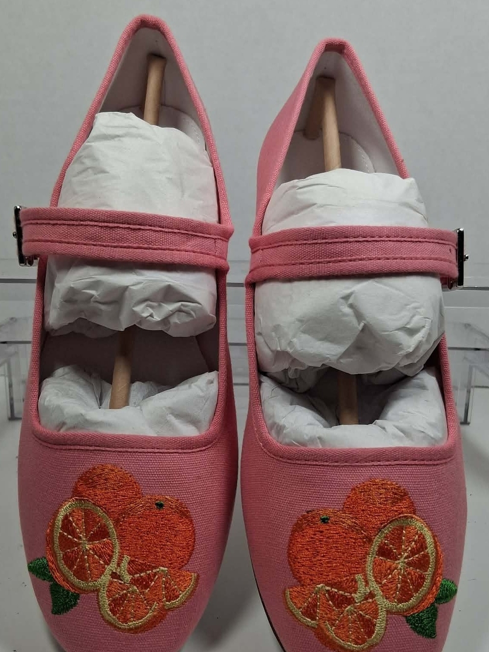 Katy Perry Women's Pink Canvas Mary Jane Flats Embroidered Fruit US 6 EU 36